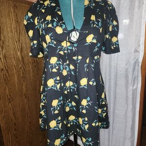 Free People Puff Sleeve Yellow and Black Blouse With A Tie Front